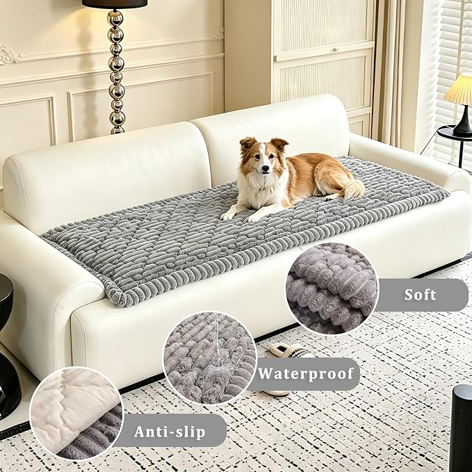 100% Waterproof Fuzzy Couch Cover for Dogs, Washable Non-Slip Pet Couch Covers for Sofa, Soft Thick Furniture Protector Sofa Slipcover Mat for Dogs (Light Gray, 27.5"x70.9") - Image 3