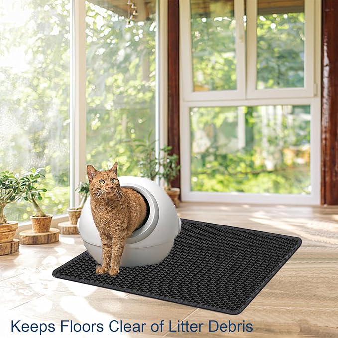 Cat Litter Mat 30"x24" Upgraded Urine-Proof Non-Slip Black | Large double-layer honeycomb catches all types of litter, soft & durable, BPA-free, easy clean, upgraded bottom, large mat. - Image 6