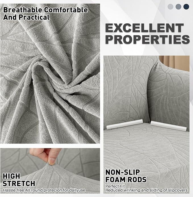 YEMYHOM Couch Cover Latest Jacquard Design High Stretch Sofa Covers for 2 Cushion Couch, Pet Dog Cat Proof Loveseat Slipcover Non Slip Elastic Furniture Protector (Medium, Begonia Leaf Light Grey) - Image 3