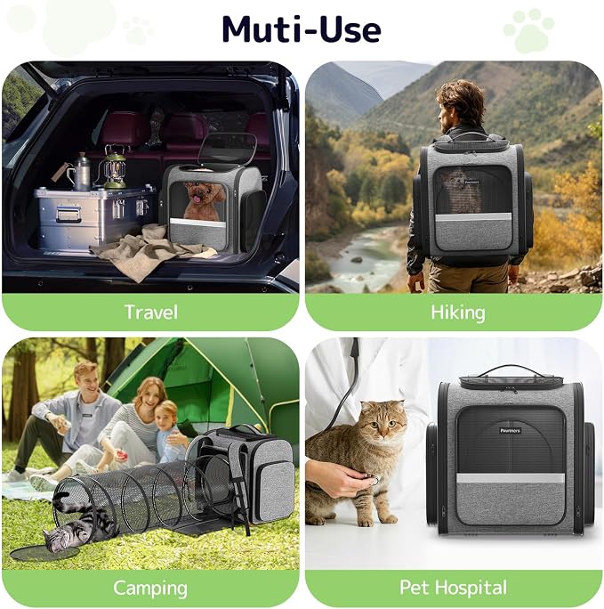 Pawtners Cat Backpack with Play Tunnel, Design for Carrying Playing Grey | Expandable, Foldable, Breathable, Large Space, Durable, Perfect for Cat Small Dog, Travel Hiking Camping Walking Car - Image 6