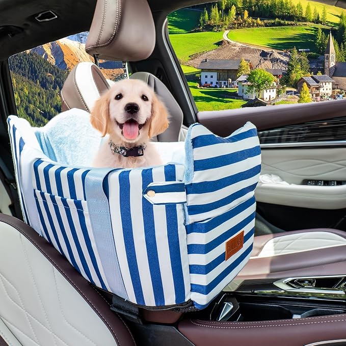 Console Dog Car Seat for Small Dogs to 15lbs (Blue& White Stripes) | Center Console Puppy Booster and Portable Travel Bed, Anti-Collapse Design with Washable Fluffy Cushion by HANMEIANINC