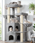 Globlazer Cat Tree Tower for Indoor Cats, Sturdy Adult Cat Tree House for Large Adult Cats with 2 Platform, 6 Cat Scratching Post, 2 Cat Caves, Dangling Toys, S63, 63 inch, Light Grey by Globlazer