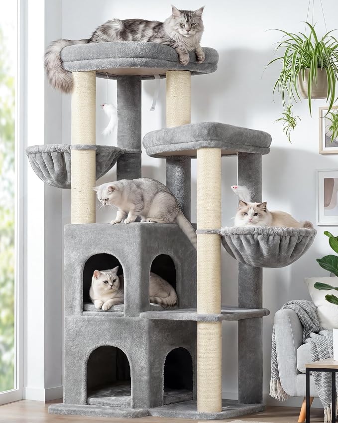 Globlazer Cat Tree Tower for Indoor Cats, Sturdy Adult Cat Tree House for Large Adult Cats with 2 Platform, 6 Cat Scratching Post, 2 Cat Caves, Dangling Toys, S63, 63 inch, Light Grey by Globlazer