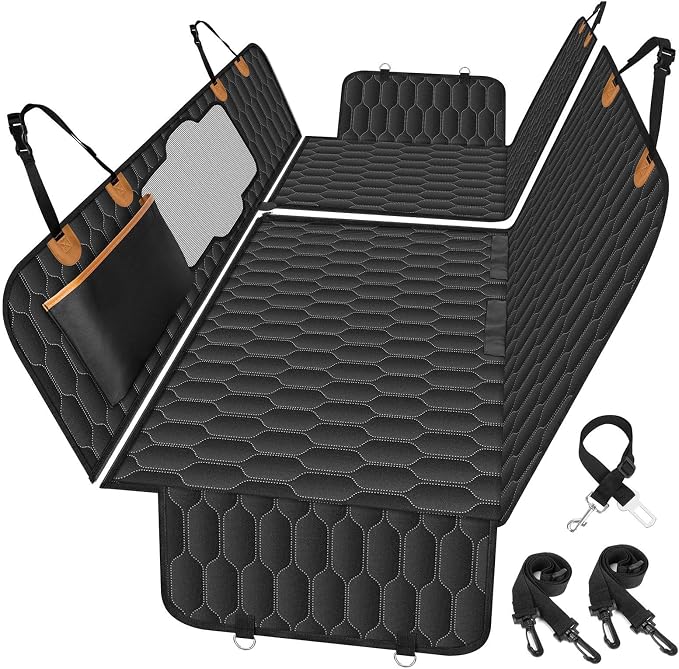 Waterproof Dog Car Seat Cover for Back Seat, Pet Hammock- S, Black/Orange | Durable waterproof hammock with nonslip design & storage pockets. Protects seats from scratches, fits cars, SUVs & trucks. by NECKORY