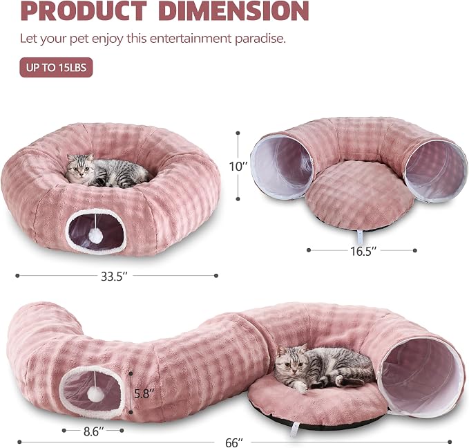 Bubble Round Cat Tunnel for Indoor Cats, Dusty Pink | Peekaboo Cave Toy with Dangling Balls, Donut Tunnel Bed with Circle Mat for Puppy Kitten Rabbit - Image 6