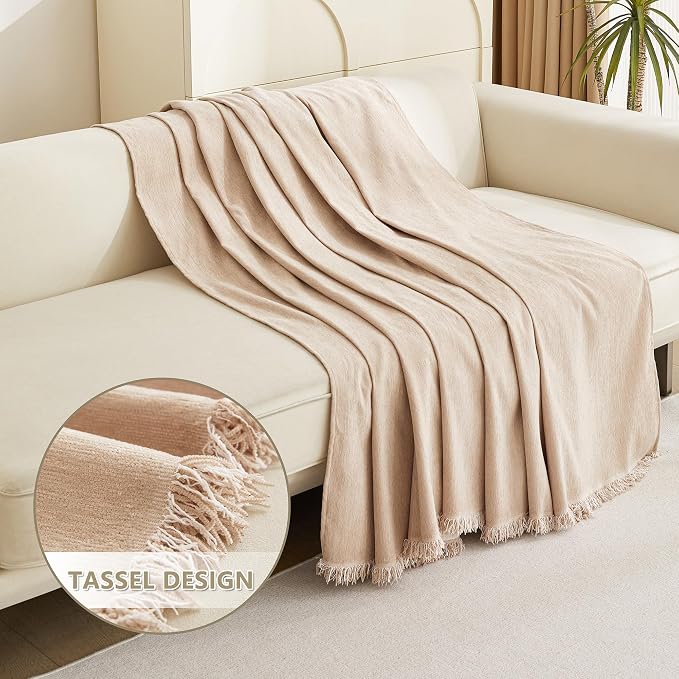 MYSKY HOME Khaki Sectional Sofa Covers Chenille Couch Cover for Dogs Solid Sofa Cover for 3 Cushion Couch Washable Couch Covers with Tassel Edge L Shape Sofa Throw Large Sofa Slipcover, 71" X134" - Image 3
