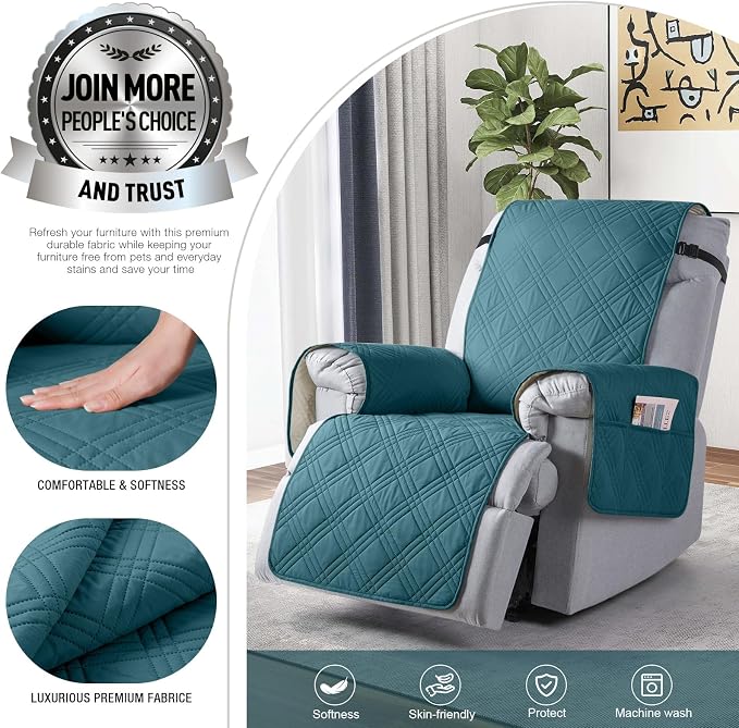 TAOCOCO 100% Waterproof Recliner Chair Cover, Non Slip Recliner Covers for Recliner Chair with Pocket, Washable Reclining Chair Cover Furniture Protector for Kids,Dogs(23.6'', Peacock Blue) - Image 3