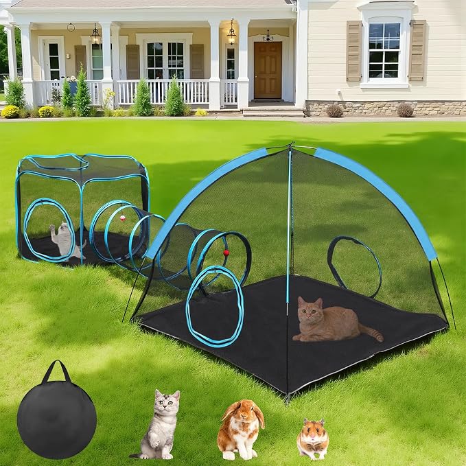 3-in-1 Outdoor Cat Enclosure, Portable Catio Tent with Tunnel | 2 Rooms & 1 Tunnel, Breathable Mesh, Carry Bag, Interactive Toys, Multi-Entry Doors, Indoor & Outdoor Use for Small pets by Tivray