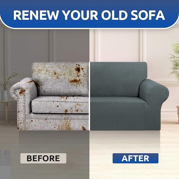 KEKUOU Stretch Loveseat Couch Cover, 2 Cushion Couch Slipcover,Grey | 1-Piece Washable Sofa Cover Pet Friendly (55"-78") Furniture Protector Soft Jacquard, Elastic Bottom for Dogs & Kids - Image 7
