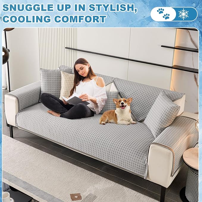 OTOB Cooling Couch Cover for Dogs Washable Non Slip Sofa Protector, 1 Piece | Elegant Gray, 35.4"x70.9", Premium Ice Silk Fabric, Modern Geometric, Soft, 3D Breathable, Pet Friendly Furniture Cover - Image 9
