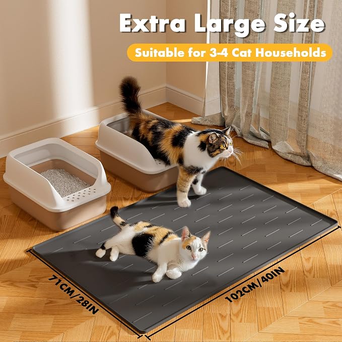 Pieviev Extra Large Silicone Litter Box Mat, Easy to Clean, 40'' x 28'' | Extra-Large Coverage Area Litter Mat, Soft on Kitty Paws, Grooves Reduce Waste, Raised Edges Trap Urine and Spills. - Image 7