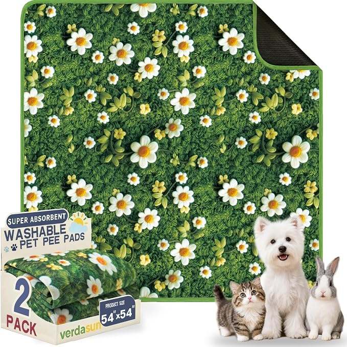 Washable Pee Pads for Dogs, Reusable Puppy Potty Training Pads, Ultra-Absorbent Thick Waterproof Leak-Proof Non-Slip Pads & Mat for Crate, Playpen, Floor, Whelping & Housebreaking , 2 Pack 54"x54" by Verdasun