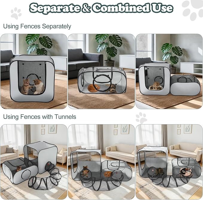 Cat Playpen, 3-in-1 Pop-up Outdoor Cat Enclosure, Gray | 2 Rooms & Tunnel, Breathable Mesh, Carry Bag, Interactive Toys, Multi-Entry Doors, Indoor & Outdoor Use for small pets - Image 4