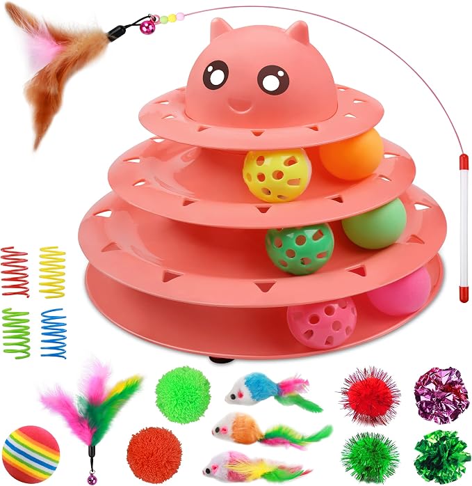 UPSKY 20 PCS Cat Toys Set with Teaser, Mice, Spring, and Various Ball Toys | Puzzle Kitten Toys, Sturdy Structure, Detachable Design, Easy to Assemble, Anti-Slip, Reduces Boredom for Indoor Cats by UPSKY