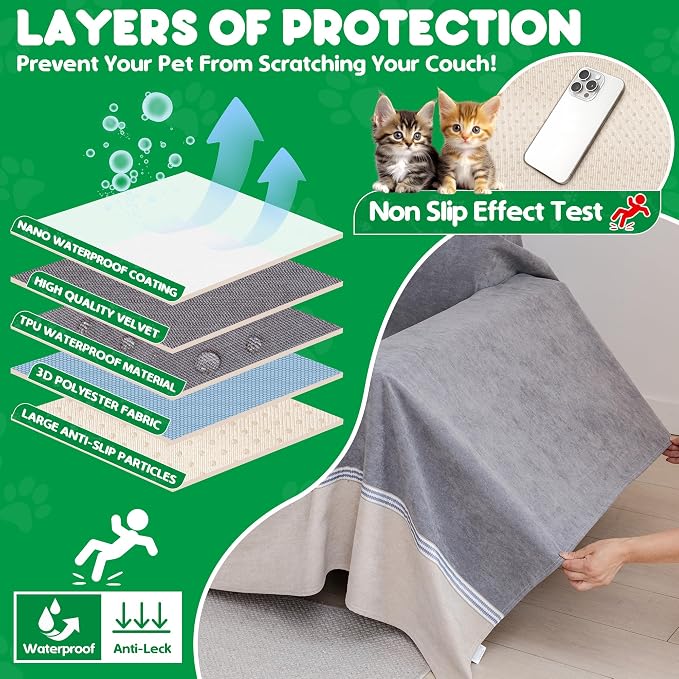 Loiion Cat Scratch Proof Furniture Protector Waterproof Sofa Cover 134"x91" | Pet-Friendly Couch Protector, Anti-Scratch & Anti-Slip Sofa Cover For Cats Dogs Kids, Machine Washable - Image 6