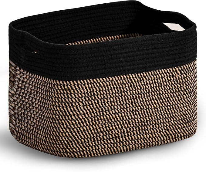 ICERZCZ Woven Cotton Rope Storage Basket for Organizing, Cute Decorative Baskets for Gifts Empty, Organizer Bins for Dog Toy, Baby Laundry, 15“×11”×9.5“, Jute & Black by ICERZCZ