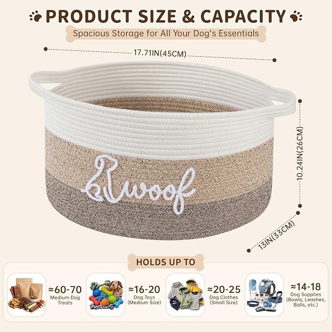 OIAHOMY 30L Large Dog Toy Basket, 17.8"×13"×10" Cotton Rope Basket with Cute Woof Embroidery, Soft Woven Pet Toy Box with Handles for Blankets, Leashes & Puppy Accessories, Decorative Organizer Brown - Image 3