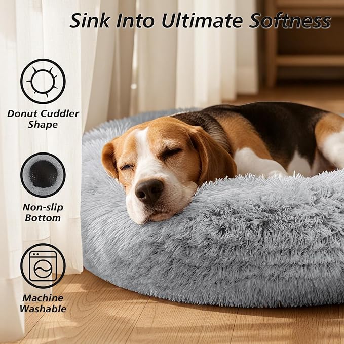 JOLLYVOGUE Calming Dog Bed for Small Dogs - 23 inches Donut Washable Small Dog Bed for Kittens & Puppies, Anti-Slip Round Fluffy Plush Faux Fur Cat Beds (Fits up to 25 lbs Pets, Grey) - Image 2