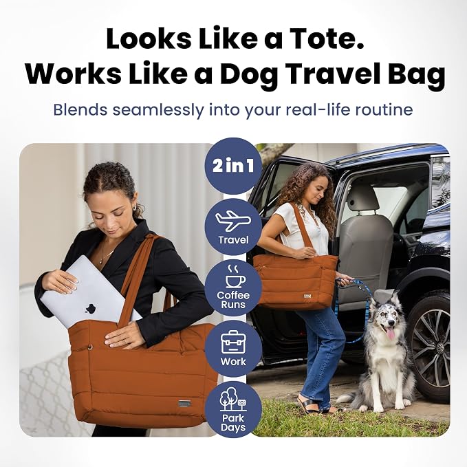 Rubyloo Puffer Dog Travel Bag for Dog Moms, Diaper Bag with Travel Bowls | 2 BPA-Free Collapsible Bowls, 2 Pet Food Containers, 9 Pockets, Everyday Puffer Bag Works With or Without Your Dog, Rust - Image 2