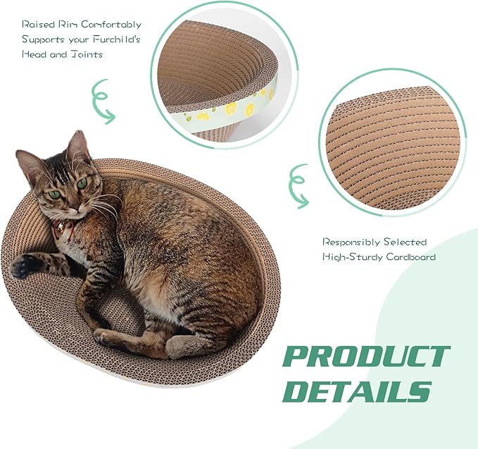 Oval Cat Cardboard Scratcher with Lounger Bed, High-Density Kitty Cat Scratching Pad for Indoor Cats Grinding Claws, Ergonomic Curved Furniture Couch Cat Scratch Protector, 17.3" × 13.6" × 4.5" - Image 2