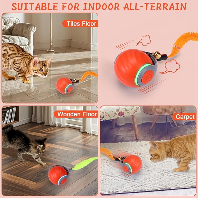 BABORUI Interactive Cat Toy Ball - Automatic Interactive Cat Toys for Indoor Cats with 3 Tails, 2 Speeds Rechargeable Enrichment Toys for Small/Medium/Large to Keep Them Busy (Orange) - Image 6