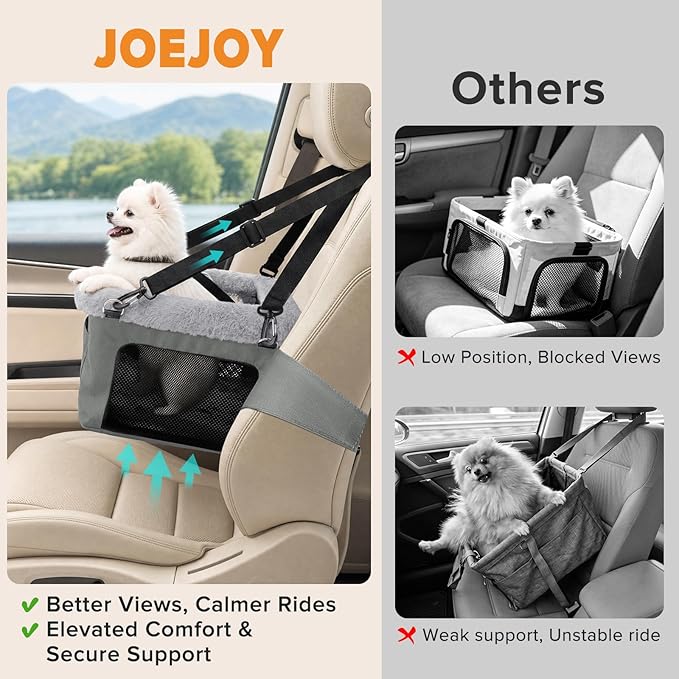 JOEJOY Deluxe Dog Booster Seat with Sturdy Metal Frame and Safety Leash for Small Pets up to 20 lbs - Portable Puppy Dog Car Seat with Thick Cushion and Storage Pockets for Small Dogs - Image 2