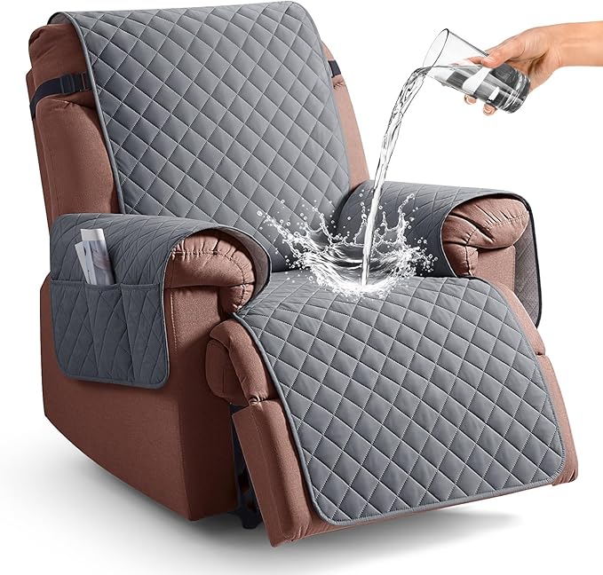 KinCam 100% Waterproof Recliner Chair Covers Washable, 30", Dark Gray | Anti Slip Reclining Couch Covers for Pets Dog, Recliner Sofa Slipcover Storage Pocket, Furniture Protector with Elastic Strap by KinCam