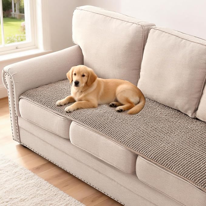 H.VERSAILTEX Plush Chenille Couch Cover for 3 Cushion Couch Anti Slip Washable Sofa Slipcovers Soft and Durable Furniture Protector for Dogs Cats Kids (27.5" x 82", Cuban Sand) by HVERSAILTEX