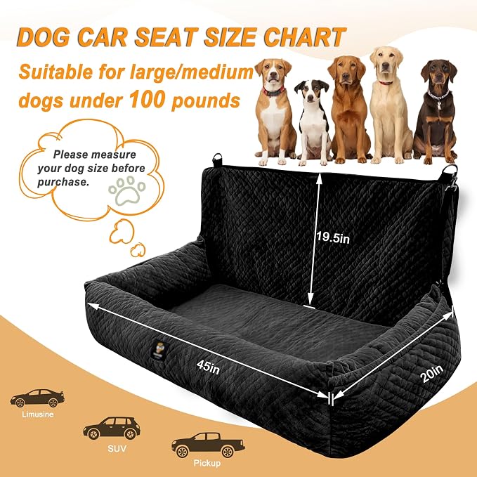 Dog Car Seat for Medium/Large Dogs Under 100 Lbs,Multi-Functional Dog Car Bed Washable Pet Travel Safety with Thick Cushion, Soft & Removable,for All Cars Back Seat (Black) - Image 2