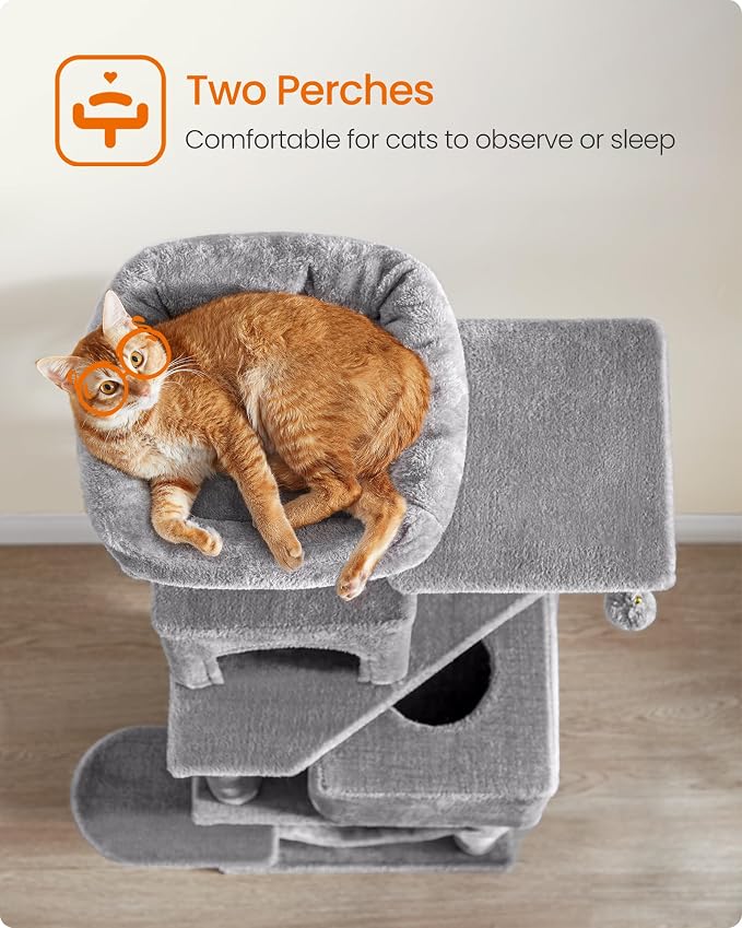 Feandrea Cat Tree, 59.5-Inch Tall Cat Tower, Plush Multi-Level Condo with 5 Scratching Posts, 2 Perches, 2 Caves, Hammock, 2 Pompoms, Light Gray UPCT192W01 - Image 4