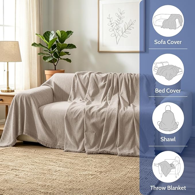Chenille Couch Cover for Dogs Washable Boho Throw Blanket Washable | 71"×91",Khaki, Soft Chenille, Tassel Design, Pet Friendly, Furniture Protector, for Couch, Sofa, Bed, Living Room - Image 7