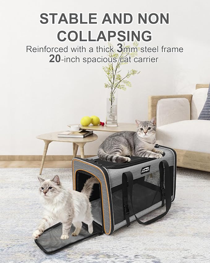 Soft-Sided Large Cat Carrier for 2 Cats, Spacious Foldable Pet Travel Carrier for Large Cats up to 25 Lbs, Double Cat Bag with Shoulder Strap, 20x13x13 Inch, Fits Maine Coon and Small Dogs, Grey | Spacious 20×13×13 in design with reinforced frame for o... - Image 3