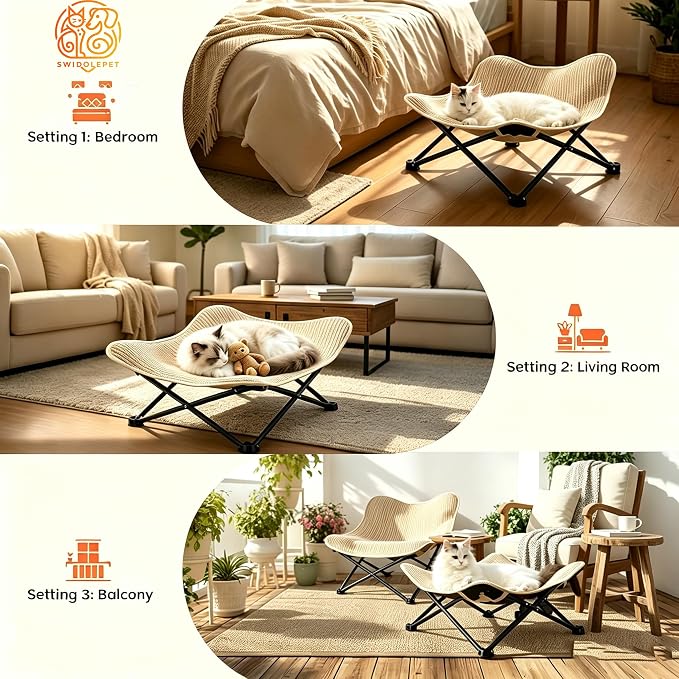 Foldable Cat Hammock Bed, Elevated Sisal Scratching Lounge with Metal Frame | Foldable for storage, sturdy metal frame, elevated design for security, natural sisal surface, for indoor cats - Image 2