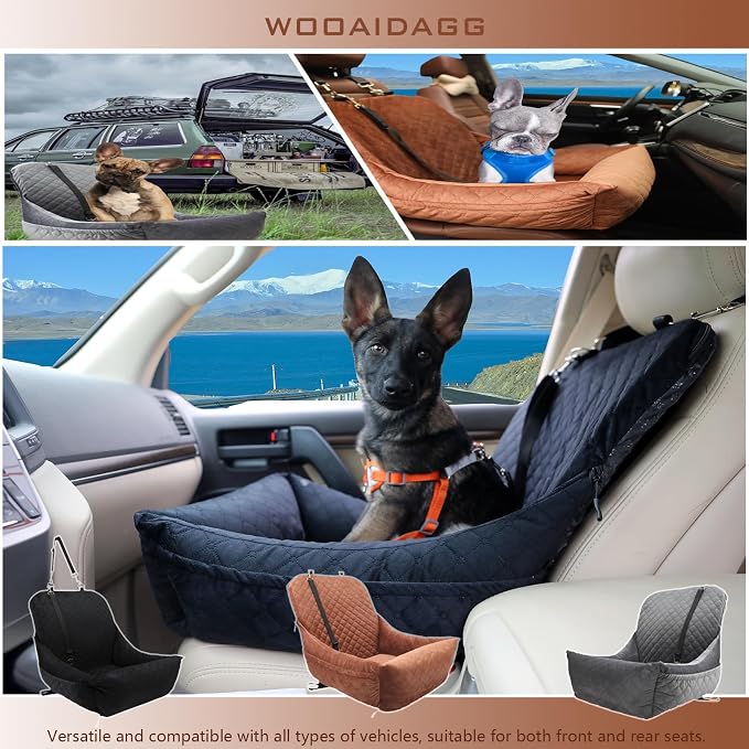 Wooaidagg Dog Car Seat for Small Dogs,Covered Soft Fabric and Fill in Memory Foam,Easy to Assemble and Fully Detachable,2 Clip-On Safety Leashes and Storage Pockets(Brown) - Image 6