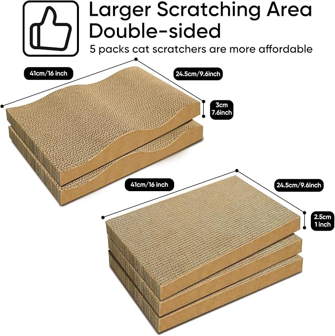 5 Packs Cat Scratcher Set with Storage Box, 2 Wave Lounge Pads + 3 Flat Corrugated Cardboard Scratch Pads for Indoor Cats, Replaceable Scratch Boards to Protect Furniture - Image 3