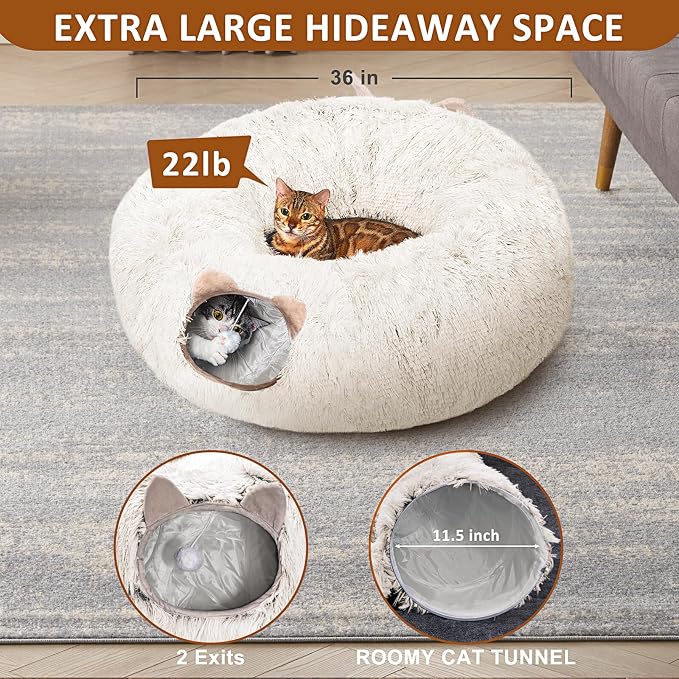 Cat Tunnel with Cat Bed for Indoor Cats, Soft Plush Peekaboo Cat Cave Donut Tunnel, Multifunctional Playground Toys Hideplace for Small Medium Large Kittens, Rabbit, Ferret (Cream White) - Image 5