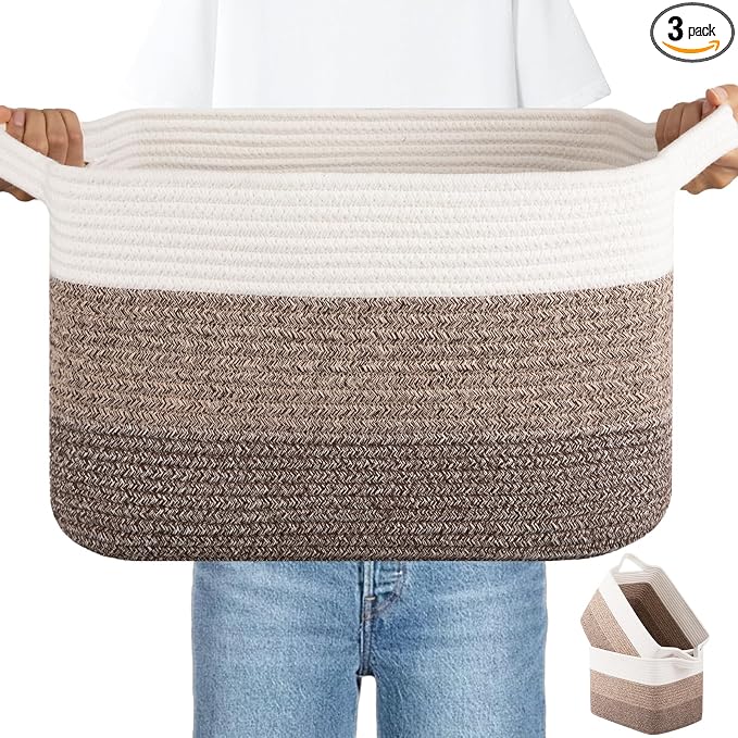 OIAHOMY Woven Storage Basket, Cotton Rope Baskets for Toys,Towel, Clothes, Used to Bathroom,Living Room,Nursery,Bedroom, 16"x12"x10"- Pack of 3, Gradient Dark Brown by MasterofSpaceOptimization
