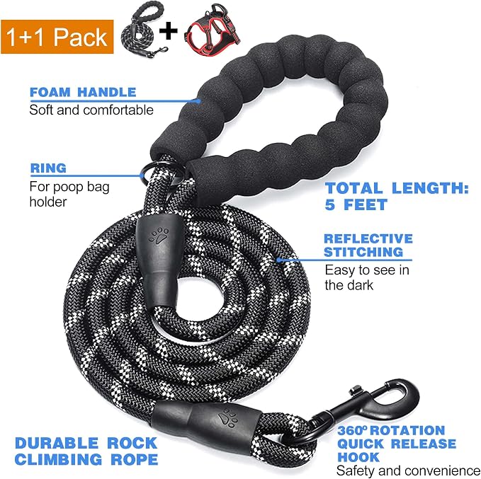 tobeDRI No Pull Dog Harness Adjustable Reflective Oxford Easy Control Medium Large Dog Harness with A Free Heavy Duty 5ft Dog Leash, Black/Red, L - Image 2