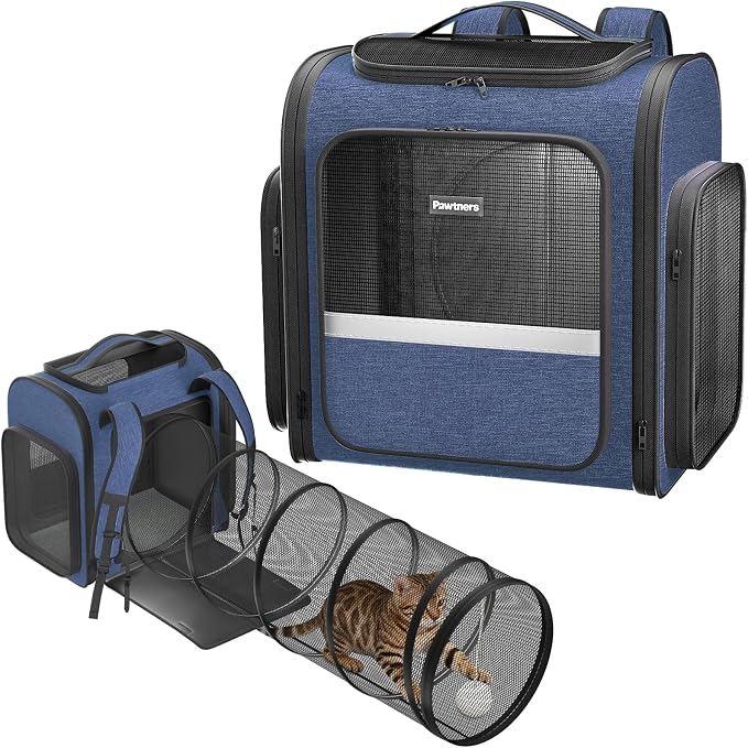 Pawtners Cat Backpack with Play Tunnel, Design for Carrying Playing Blue | Expandable, Foldable, Breathable, Large Space, Durable, Perfect for Cat Small Dog, Travel Hiking Camping Walking Car by Pawtners