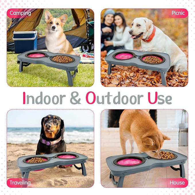 PINVNBY Elevated Dog Bowls Portable Raised Dog Bowl Stand with 2 Collapsible Silicone Food Bowl Non-Slip Travel Bowls for Medium Dogs and Cats (16.9" L x 7.9" W x 5.1" H) - Image 6