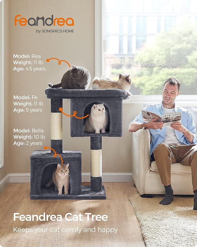 Feandrea Cat Tree, 40.6-Inch Cat Tower, Plush Condo for Extra Large Cats up to 44 lb, Large Perch, 2 Caves, Scratching Post, Smoky Gray UPCT614G01 - Image 2