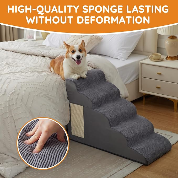 Dog Stairs for Small Dogs 19.7" H, Dog Ramp for Bed, 4-Step, Grey | Dog Steps for Bed, Couch, Pet Stairs with Non-Slip Bottom Design, Cat Scratching,High Density Foam Portable Pet Steps, Indoor - Image 8