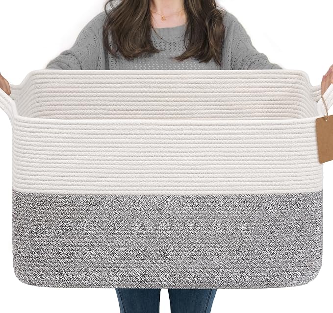 Goodpick 75L Extra Large Woven Rope Blanket Basket, Rectangle, Light Gray | 22" × 17" × 12" Decorative Storage Basket for Pillows & Clothes, Fits Bedroom & Nursery Organization, Reinforced Handles by Goodpick