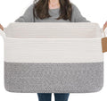 Goodpick 75L Extra Large Woven Rope Blanket Basket, Rectangle, Light Gray | 22" × 17" × 12" Decorative Storage Basket for Pillows & Clothes, Fits Bedroom & Nursery Organization, Reinforced Handles by Goodpick