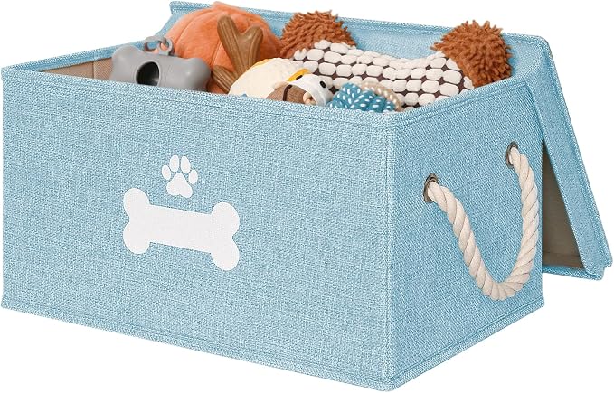 Dog Toy Basket with Lid, Dog Basket for Toys, Dogs Toy Box with Cotton Rope Handles, Collapsible Storage Bins for Pet Toys, Dogs Storage Organizer, Blue by GreenPetopia