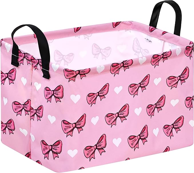 Storage Basket Home Shelf Basket Kids Organizer Box Clothes Laundry Hamper Nursery Bin Gift Laundry Basket with Handles Pink Bowknot Pattern for Home by Unknown