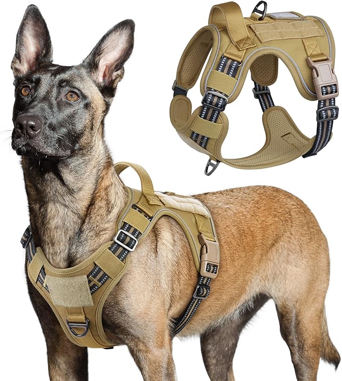 rabbitgoo Tactical Dog Harness for Large, No Pull Military Service Vest | Molle & Handle, Heavy Duty, Adjustable, Reflective Straps, Easy Control for Training Walking, Brown, Large by rabbitgoo