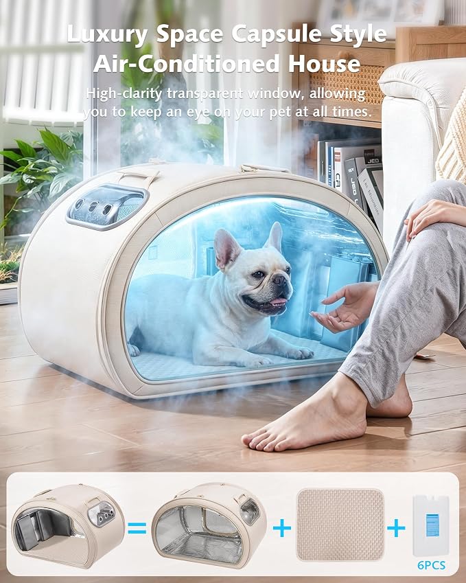 Pecute Cooling Dog House,with Cooling Mat for Small Dogs,Cat Bed,L,Cream | 6 Ice Packs for Cooler,Aluminum Film Insulation System,Breathable, Cool, Safe, and Sturdy AC Room for Cats in Hot Summer Days - Image 2