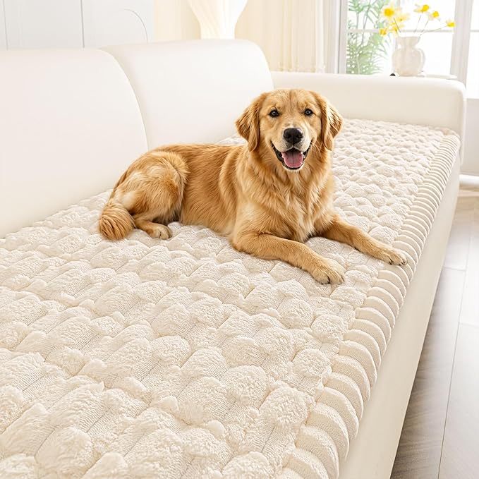 Smiry Non Slip Couch Covers for Dogs, Scratch Resistant Pet Sofa Protector | Machine Washable Soft Fuzzy Thick Furniture Cover for Sofa Loveseat Sectional Large Dogs, Cream, 27.6" x 95" by Smiry