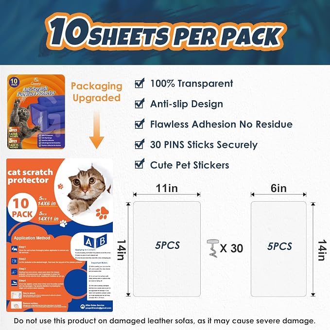 10PC & 30 PINS Sticks Securely Cat Scratch Furniture Protector-10 Pack Thicken Self-Adhesive Single Side Couch Protector from Cat Claws Scratching,Anti Scratch Deterren Protectors (10PC-30 PINS) - Image 6